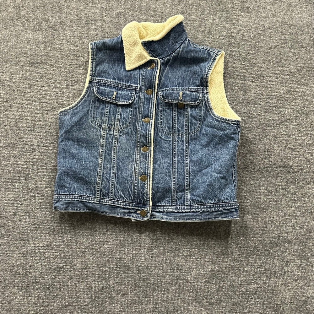 Jones Jeans Vest Womens Size 8 Blue Denim Faux Shearling Lined Western Casual